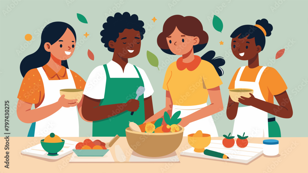 A group of students participating in a handson activity making traditional foods associated with Juneteenth to learn about its cultural significance.. Vector illustration A group of students participating in a handson activity making traditional foods associated with Juneteenth to learn about its cultural significance.. Vector illustration