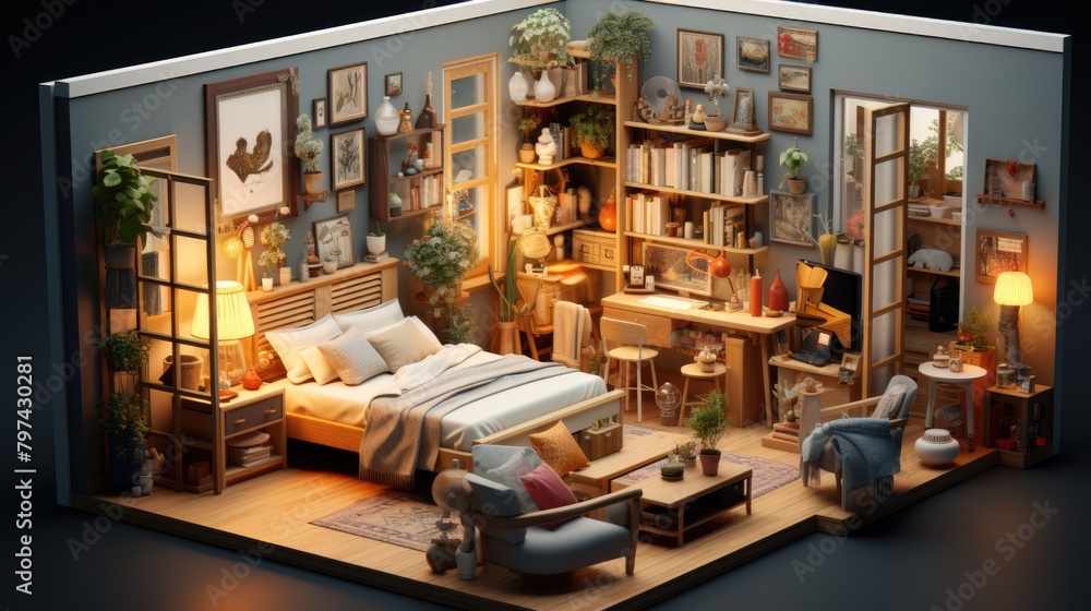 a picture 3d bedroom interior isometric, AI Generative