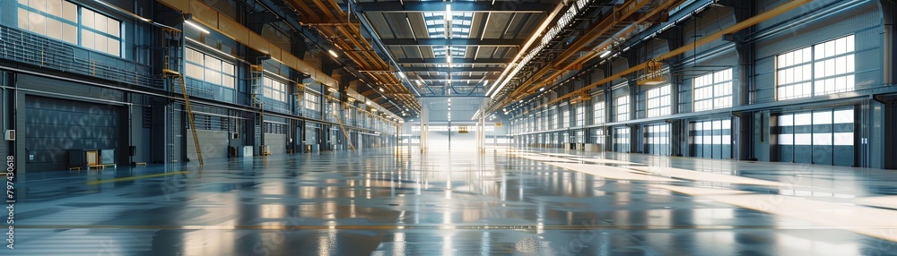 An empty modern factory building with a shiny reflective floor.