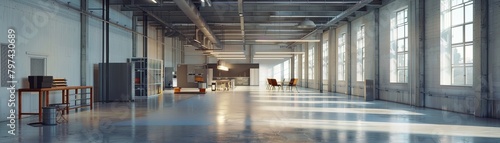 An empty warehouse with concrete floors and large windows. photo