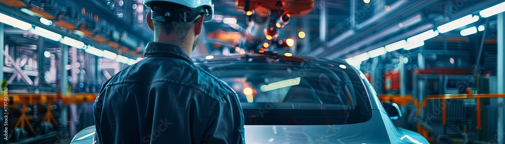 An engineer in a hard hat looks at a car on a production line.