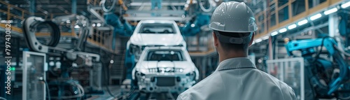An engineer looking at a car being assembled on a production line.
