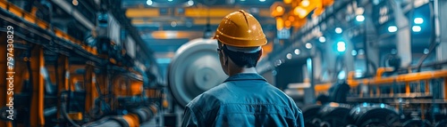 An engineer in a hard hat looking out over a factory floor. photo