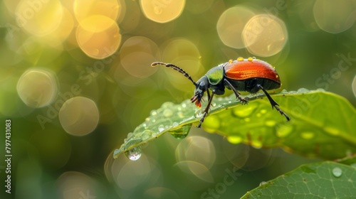 A beetle perched on a rain-kissed leaf, glistening in the sunlight after a refreshing shower.