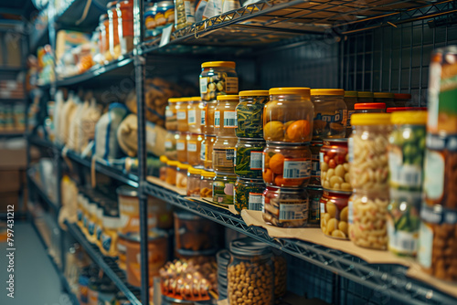 Shelves stocked with an array of preserved goods, from pickles to jams. 
