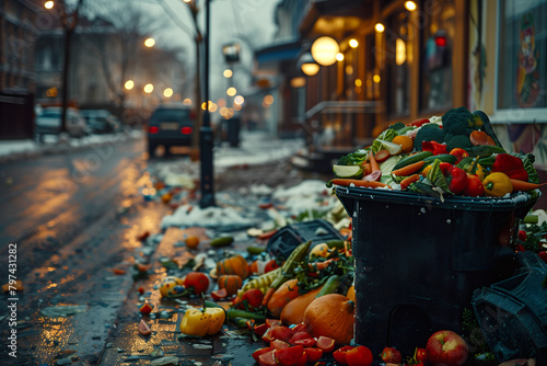 Food waste, an overflowing garbage bin filled with discarded meals and produce outside a restaurant. 
