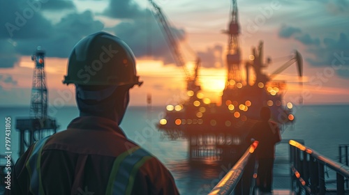 An oil worker looking out at an oil rig in the ocean at sunset. © Sittipol 