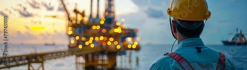 An oil worker looking out at an oil rig in the ocean.