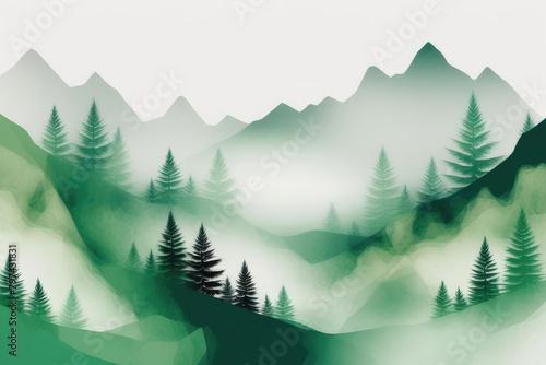 Watercolor composition of collage de green nature avec arbres et montagne.