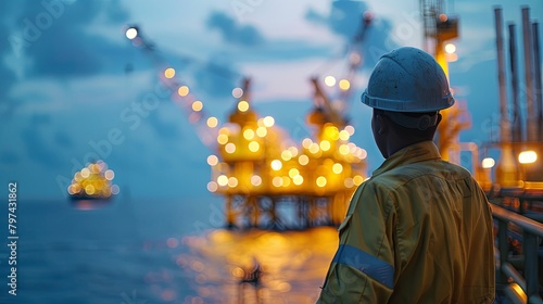 An oil worker looking out at the oil rig at night.