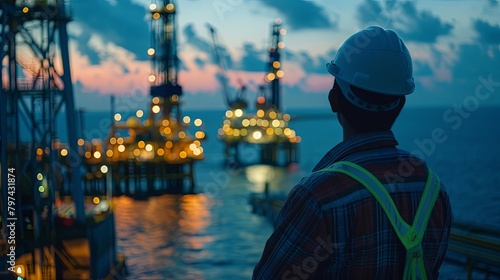 An oil worker looking out at the oil rigs in the ocean at sunset.