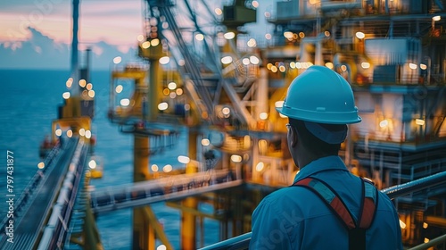 An oil worker looking out at the sea from an oil rig. photo