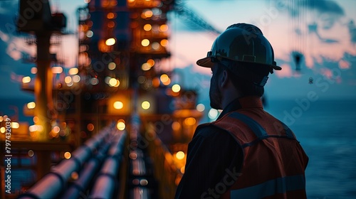 An oil worker looks out at the oil rig at sunset.