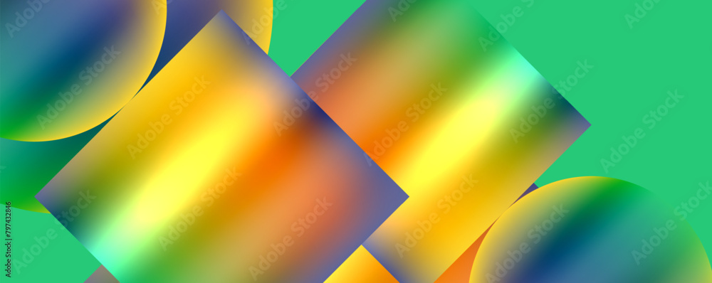 A vibrant green background adorned with a rainbow of colors in a mesmerizing pattern of triangles and rectangles. The hues range from electric blue to amber, creating a symphony of colorfulness A vibrant green background adorned with a rainbow of colors in a mesmerizing pattern of triangles and rectangles. The hues range from electric blue to amber, creating a symphony of colorfulness
