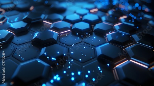 Captivating 3D Hexagonal Pattern with Glowing Blue Lights on Abstract Digital Backdrop