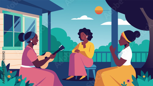 Two women sit on a porch their voices blending beautifully as they harmonize on a peaceful tune joined by their neighbors on the street all singing. Vector illustration