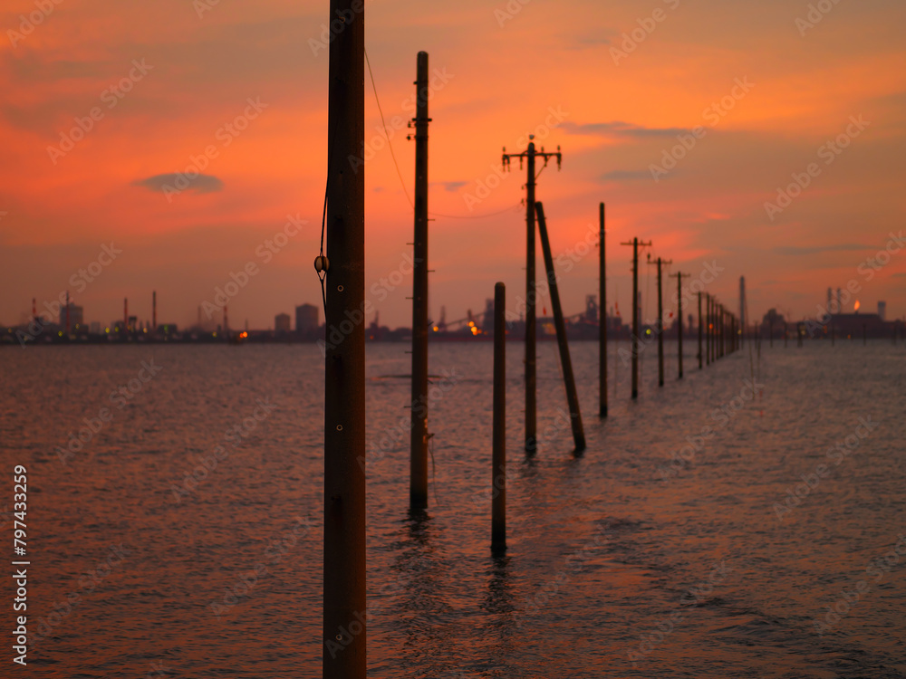 夕焼けに染まる江川海岸の海中電柱（千葉のウニユ塩湖）