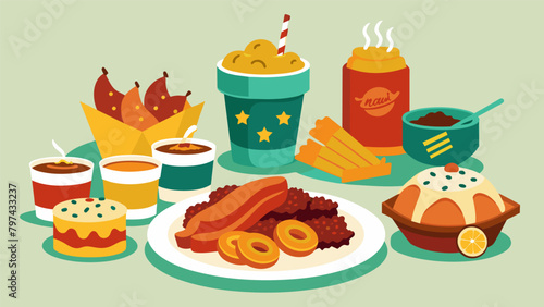 An array of soul food dishes from tangy barbeque ribs to crispy fried okra tempt guests at the Juneteenth Soul Food Feast.. Vector illustration