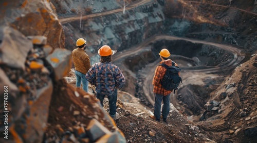 Three men in hard hats looking at a large open pit mine photo