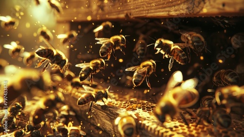 A close-up of a bustling beehive entrance, showcasing the activity and organization of a thriving bee colony.