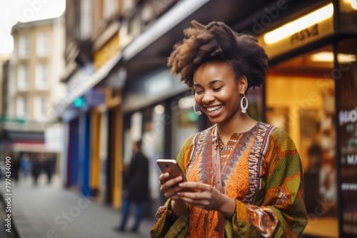City Vibes: African Woman Engrossed in Smartphone. Generative ai