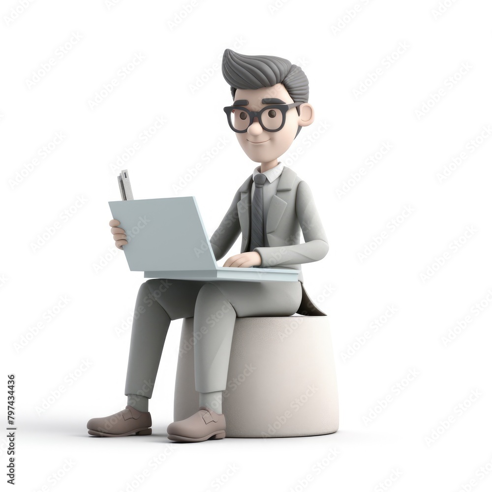 A graphics 3D character in Notion style, with a professional look and business attire, sitting at a desk on a white background, AI Generative A graphics 3D character in Notion style, with a professional look and business attire, sitting at a desk on a white background, AI Generative
