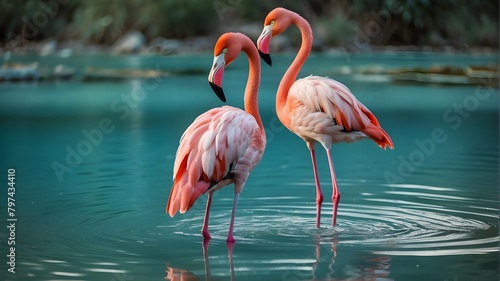 Two elegant flamingos standing gracefully in a serene  turquoise pond -