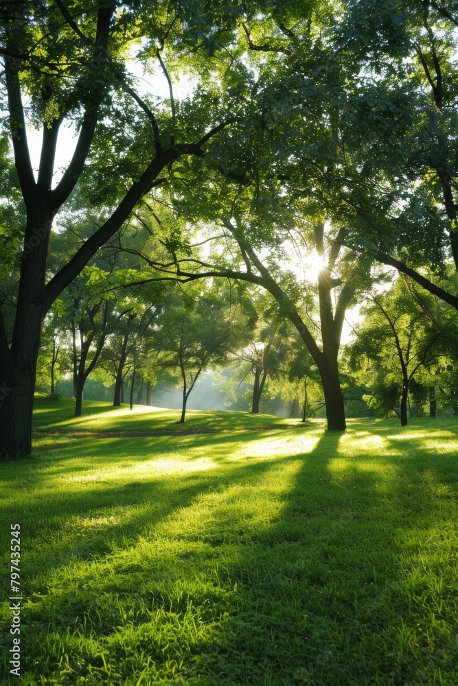 Obraz premium Sunlit green meadow with trees in a park setting