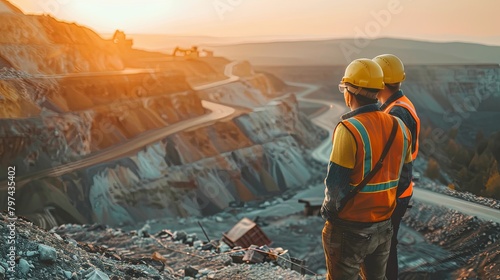 Two mining engineers in hard hats and safety vests looking at a large open-pit mine