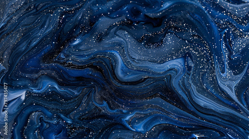 Dusky indigo marble ink swirling amidst a gloomy abstract backdrop, twinkling with subtle glitters.