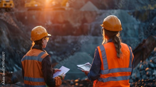 Two women in hard hats and safety vests looking at a mining operation.