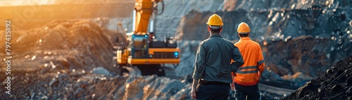 Two workers at a mining site with a large yellow excavator in the background