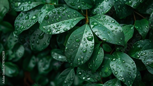 A close-up of raindrops clinging to vibrant green leaves  glistening like jewels in the aftermath of a refreshing shower.