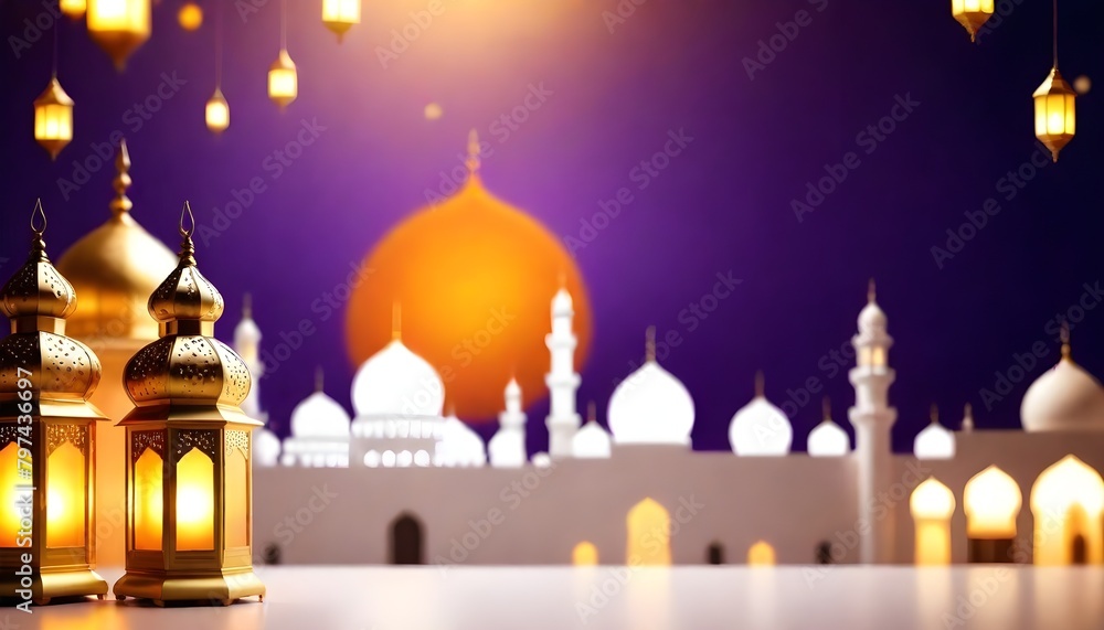 eid mubarak theme in hd with a lot of lantern lights with matellic colours with luxrious royal background and mosque in shiny colour behind it with eid celebrations confetti