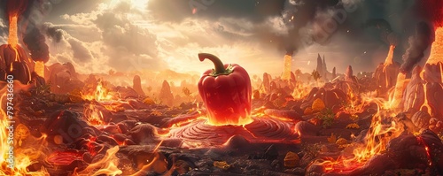Pepper in a Fiery Landscape, The pepper placed in a surreal landscape with lava and flames