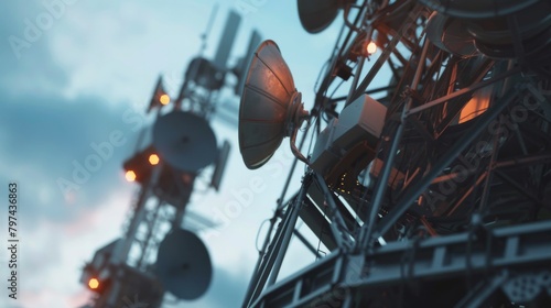 A close-up of satellite dishes mounted on a communication tower, receiving data from space