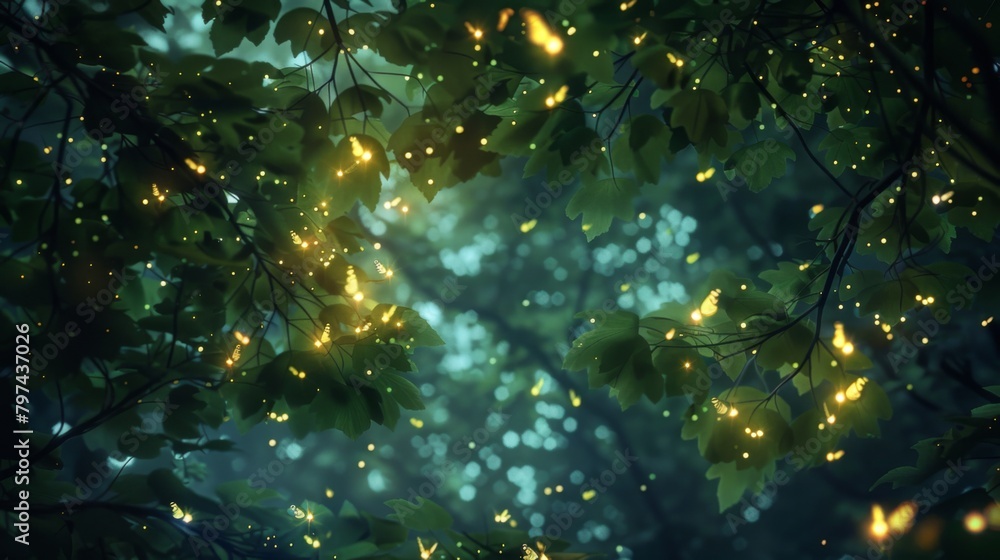 A cluster of fireflies illuminating a leafy canopy at night, casting a magical glow in the darkness.
