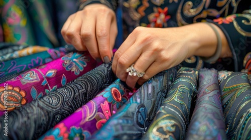 A close up of a woman's hands touching colorful embroidered fabric.