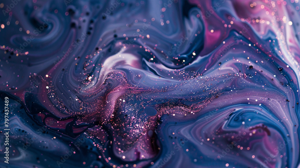 Obraz premium Dreamy indigo marble ink meanders softly across a vibrant abstract backdrop, speckled with radiant glitters.