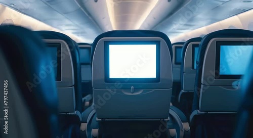 Airplane seats with blank LCD screen mockup device for entertainment to serve passenger on a plane trip photo