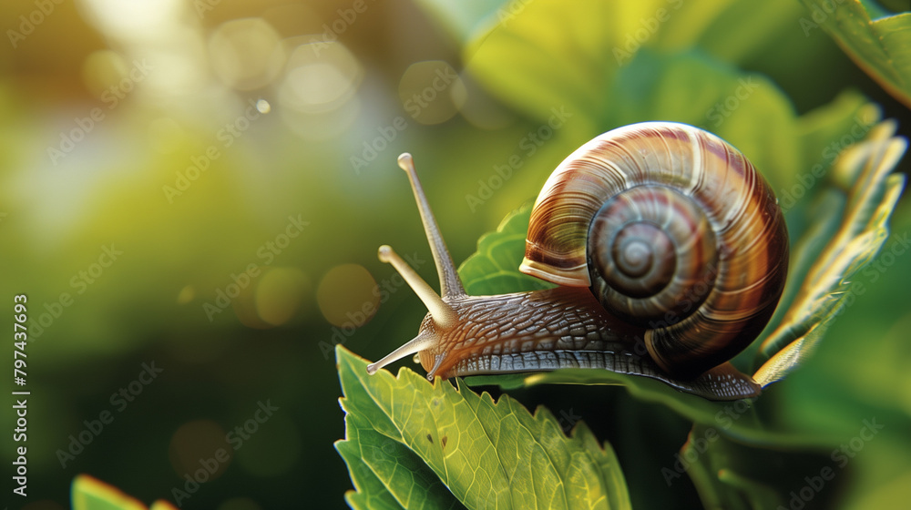 Close-up of a snail slowly creeping on green leaves. Close-up of a snail slowly creeping on green leaves.