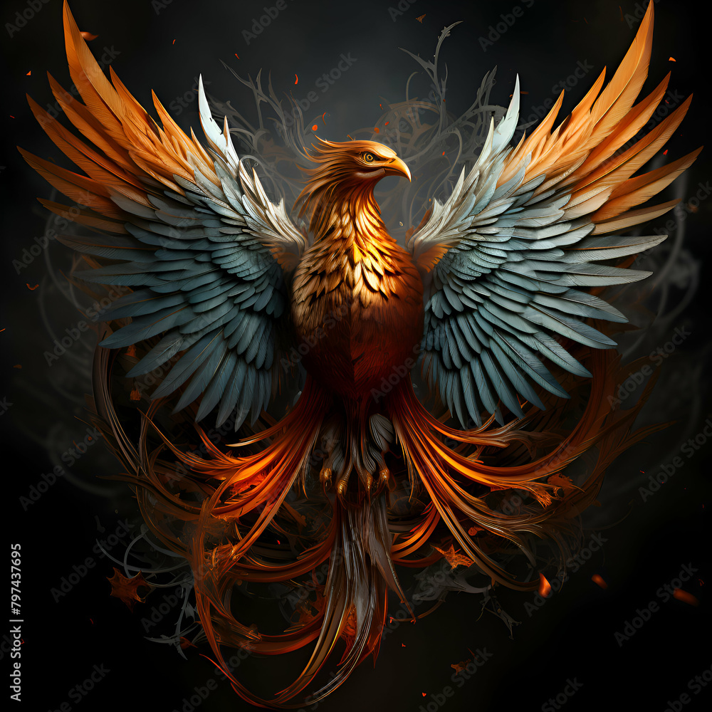 Fototapeta premium 3D rendering of a golden eagle with wings spread and fire on a black background