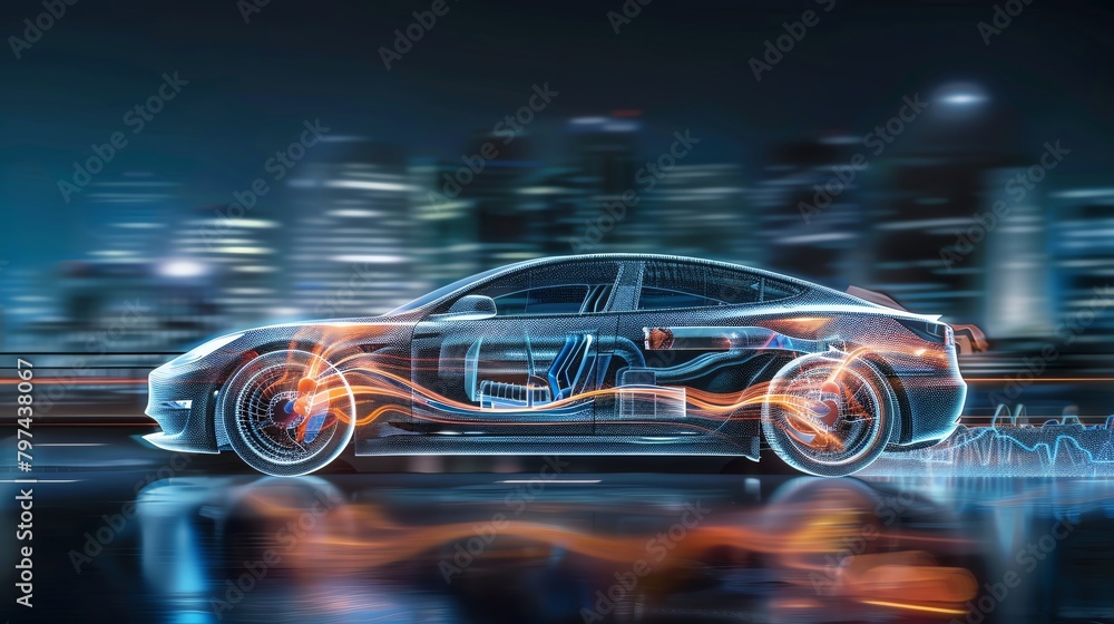 A dynamic x-ray shot of a moving electric car, showing the flow of energy within, set against a futuristic urban background A dynamic x-ray shot of a moving electric car, showing the flow of energy within, set against a futuristic urban background