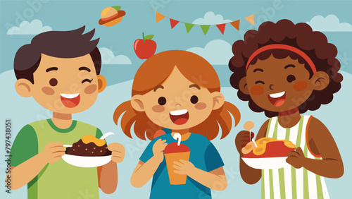 Children running around with sticky fingers and messy faces happily devouring the delicious barbecue treats from the Juneteenth cookoff.. Vector illustration
