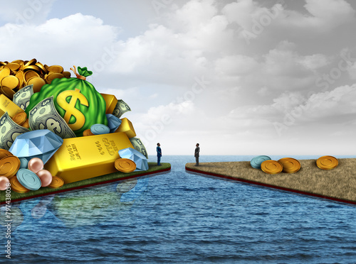 Wealth Gap and financial inequality and unfair global economics as rich privileged versus poor underprivileged countries money inequity and unequal distribution of finances.