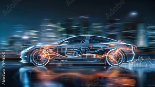 A dynamic x-ray shot of a moving electric car, showing the flow of energy within, set against a futuristic urban background