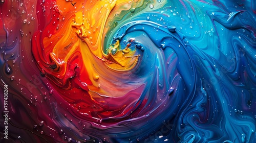 Abstract art of liquid colors splashing and swirling together, forming a rainbow whirlpool, full of motion and life