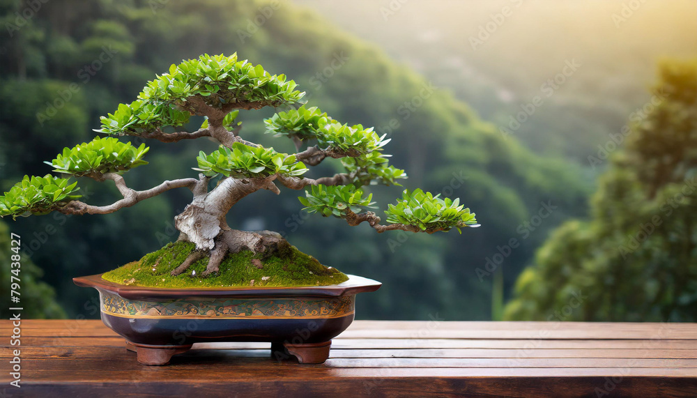 Bonsai tree on table, bathed in soft backlight, symbolizing tranquility and harmony Bonsai tree on table, bathed in soft backlight, symbolizing tranquility and harmony