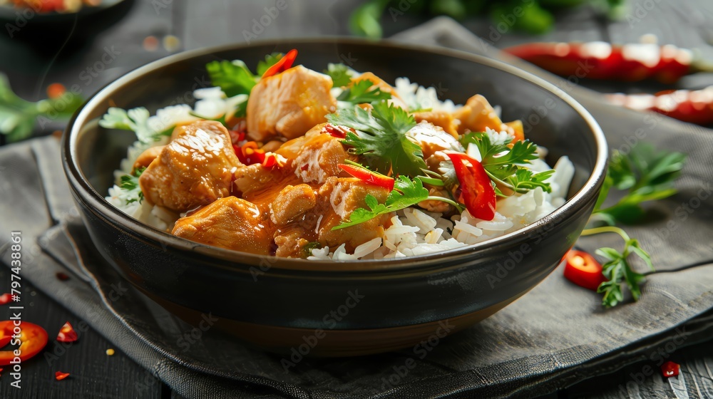 Close-up of a steaming bowl of spicy Thai curry served with jasmine rice, garnished with fresh herbs and chili, capturing the essence of Asian flavors Close-up of a steaming bowl of spicy Thai curry served with jasmine rice, garnished with fresh herbs and chili, capturing the essence of Asian flavors