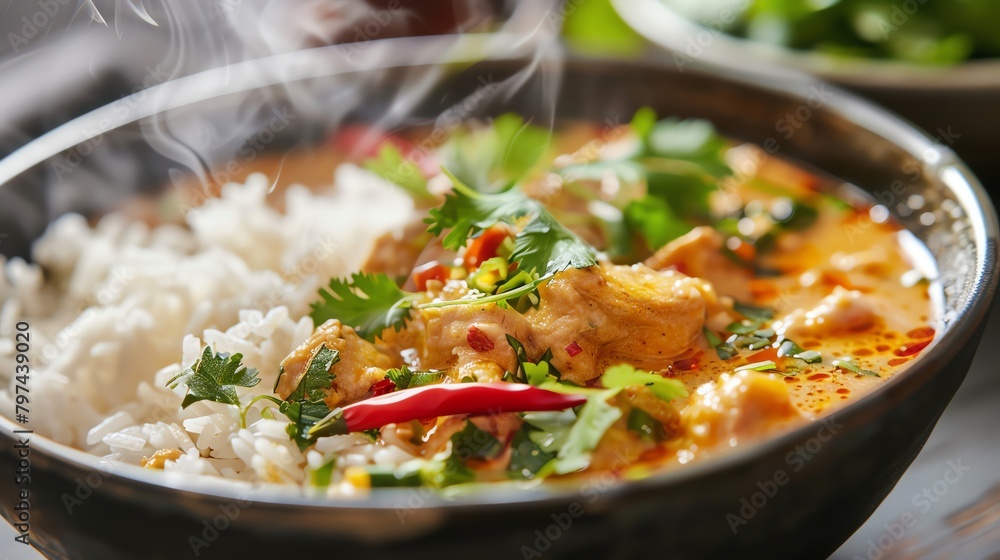 Close-up of a steaming bowl of spicy Thai curry served with jasmine rice, garnished with fresh herbs and chili, capturing the essence of Asian flavors